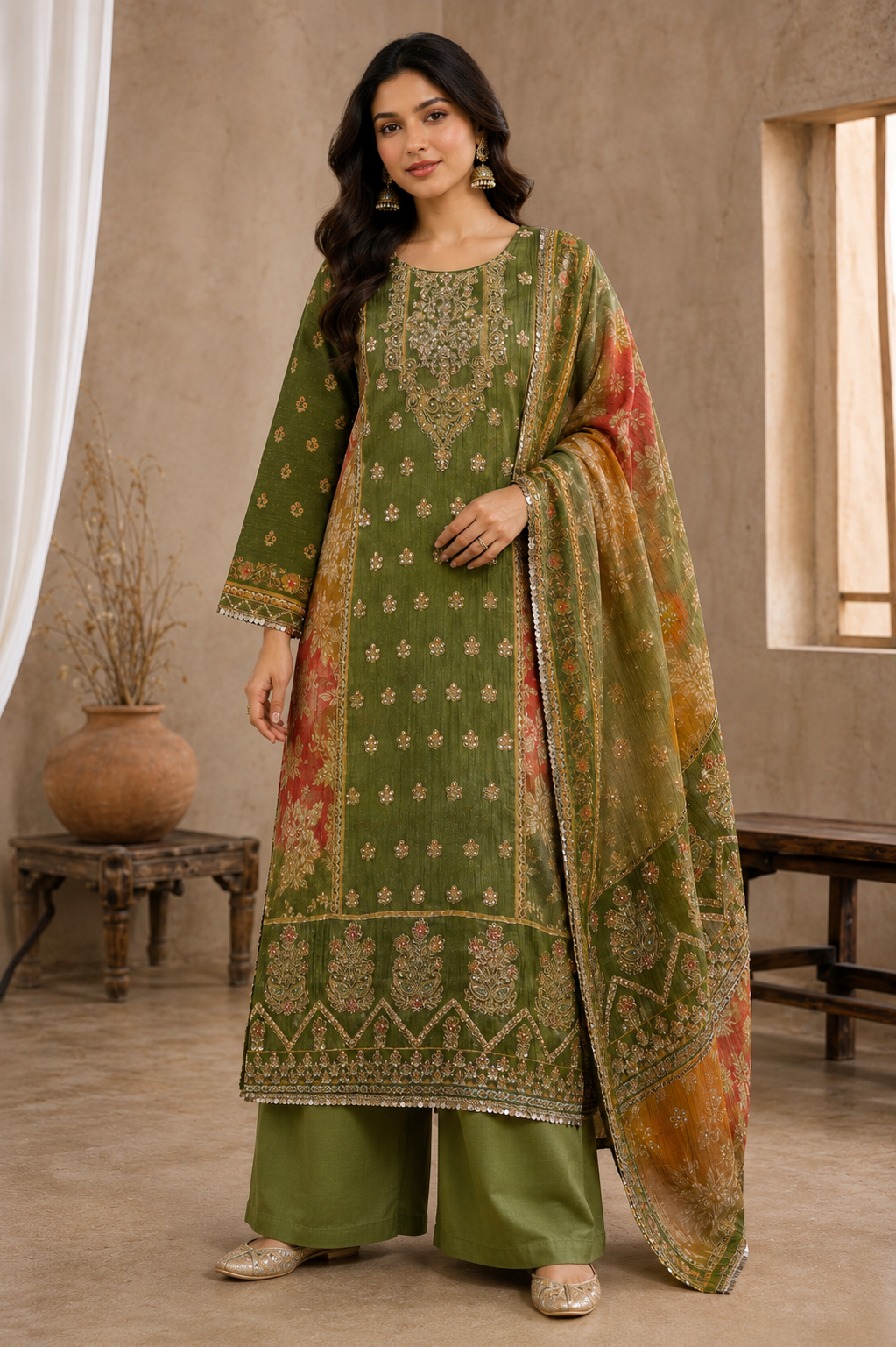 Crust Tissue Suit Set with Thread & Mirror Work Print