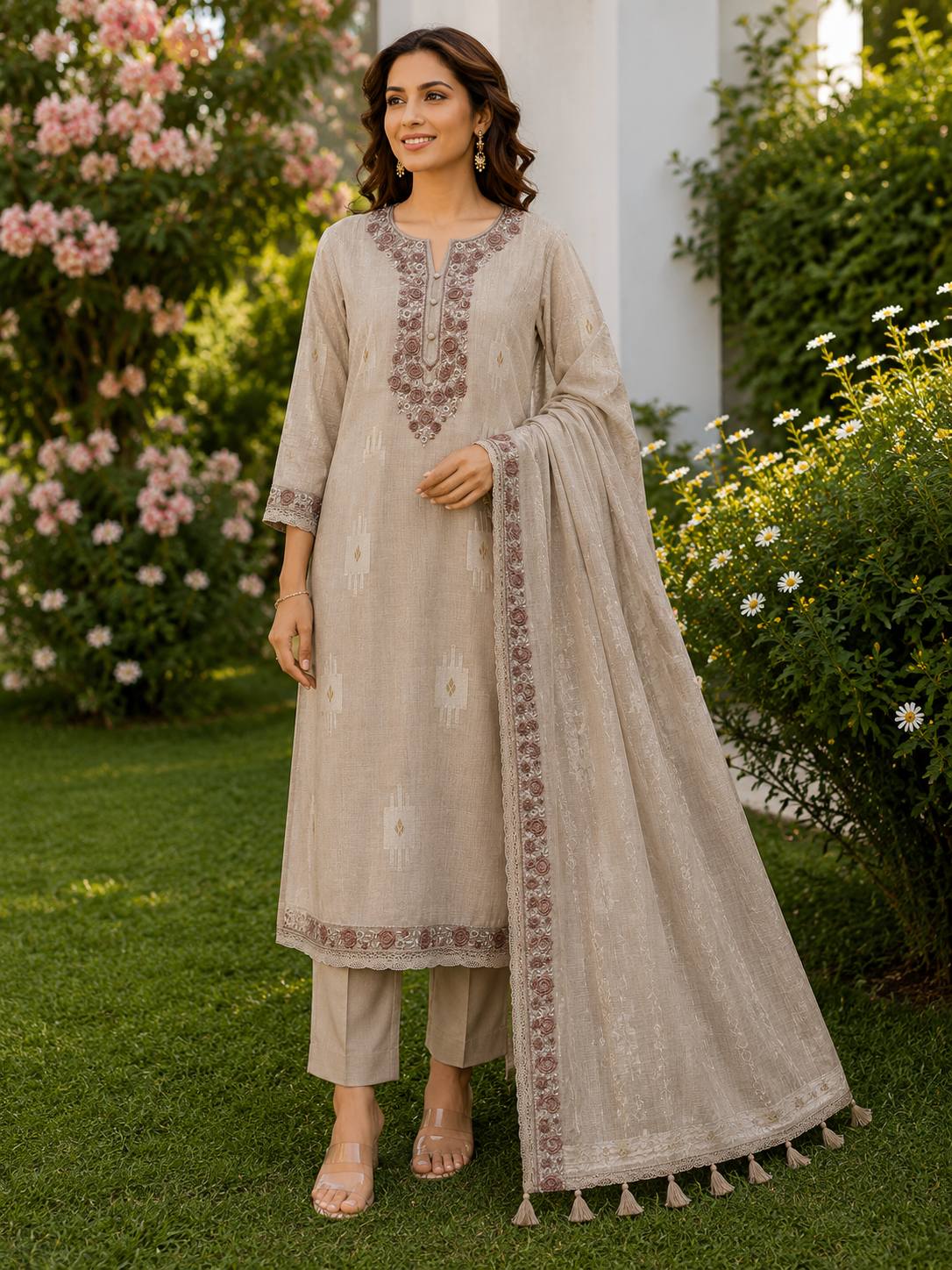 Chanderi Suit Set with Elegant Machine Work