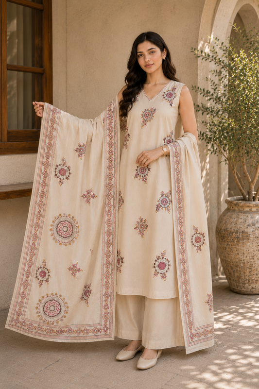 Linen Cotton Suit Set with Embroidered Detailing