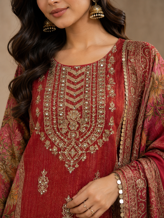 Crust Tissue Suit Set with Thread & Mirror Work Print