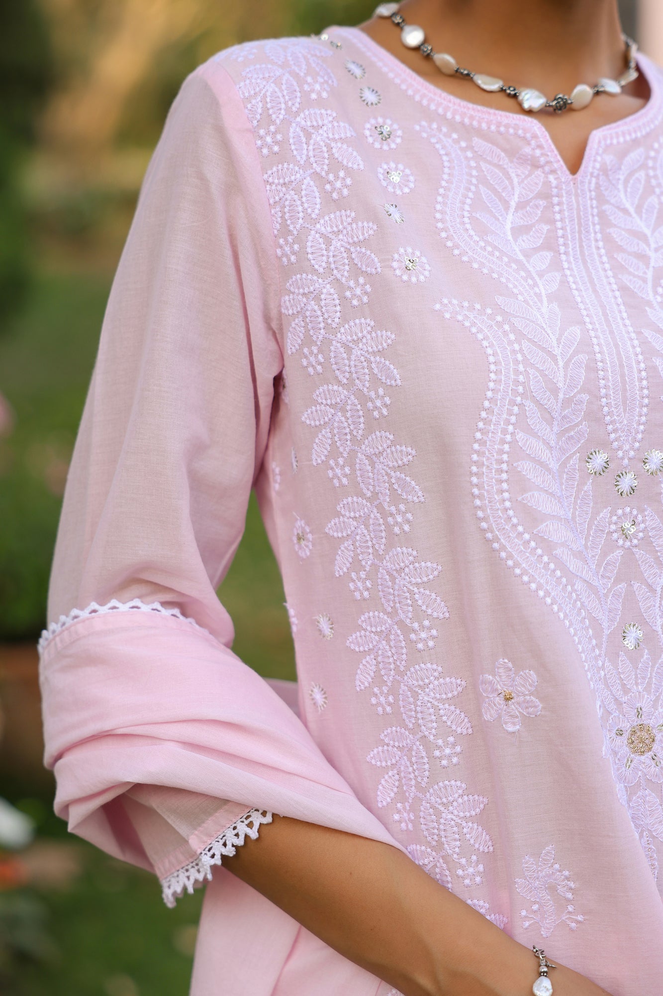 Pink Mul Cotton Suit Set with White Thread Embroidery