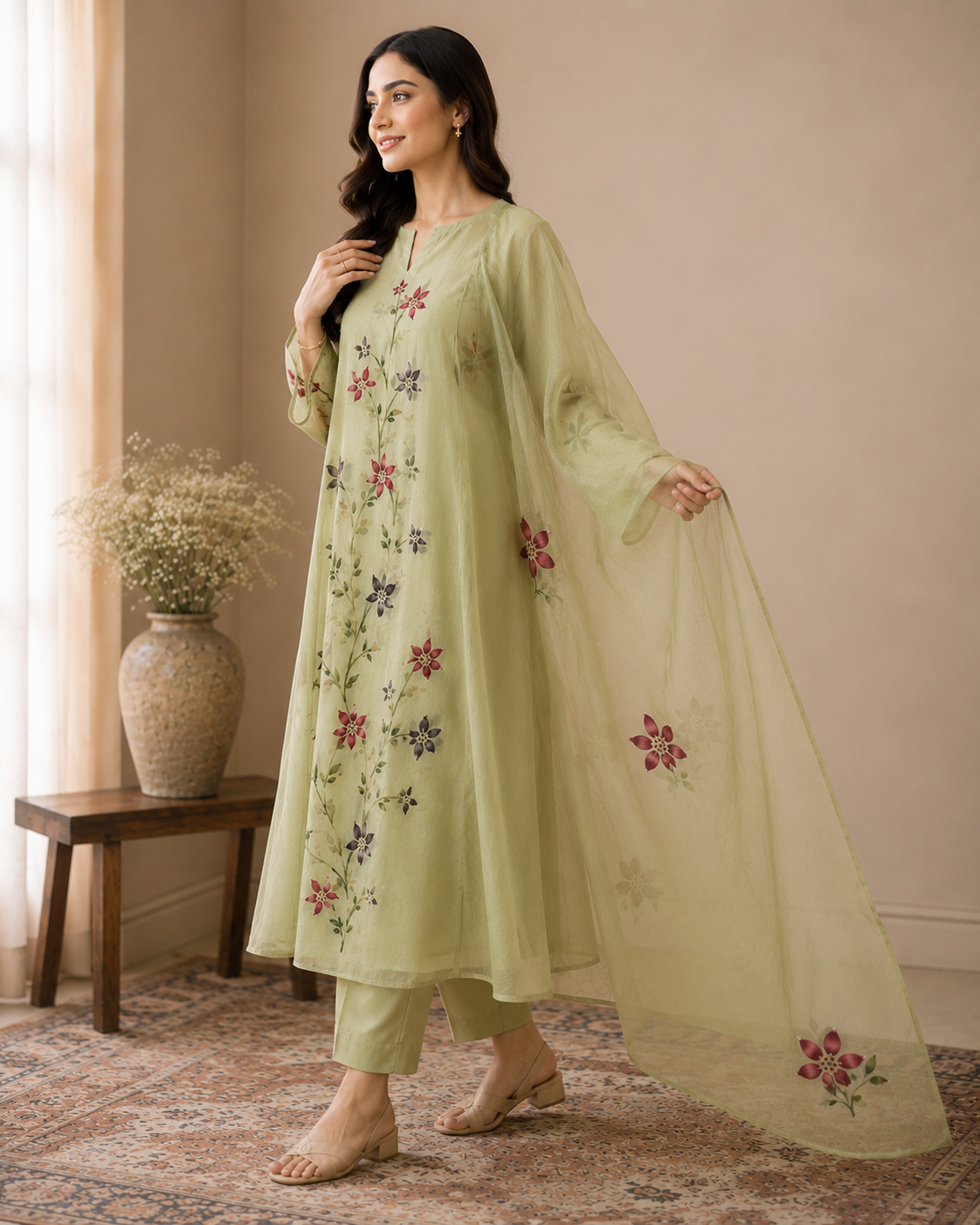 Mul Chanderi Suit Set with Appliqué Work & Hand-Painted Detailing