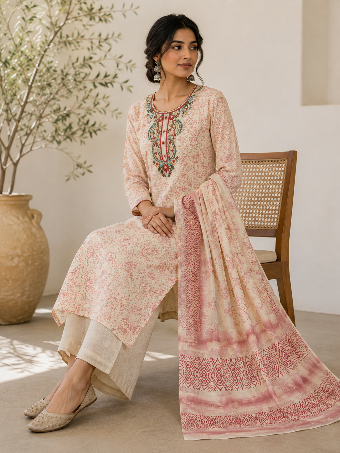 PREMIUM LINEN THREAD HANDWORK UNSTITCHED SUIT SET