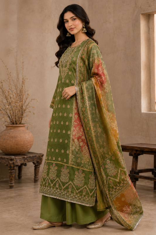 Crust Tissue Suit Set with Thread & Mirror Work Print