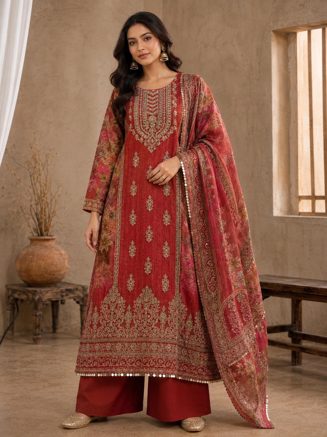Crust Tissue Suit Set with Thread & Mirror Work Print
