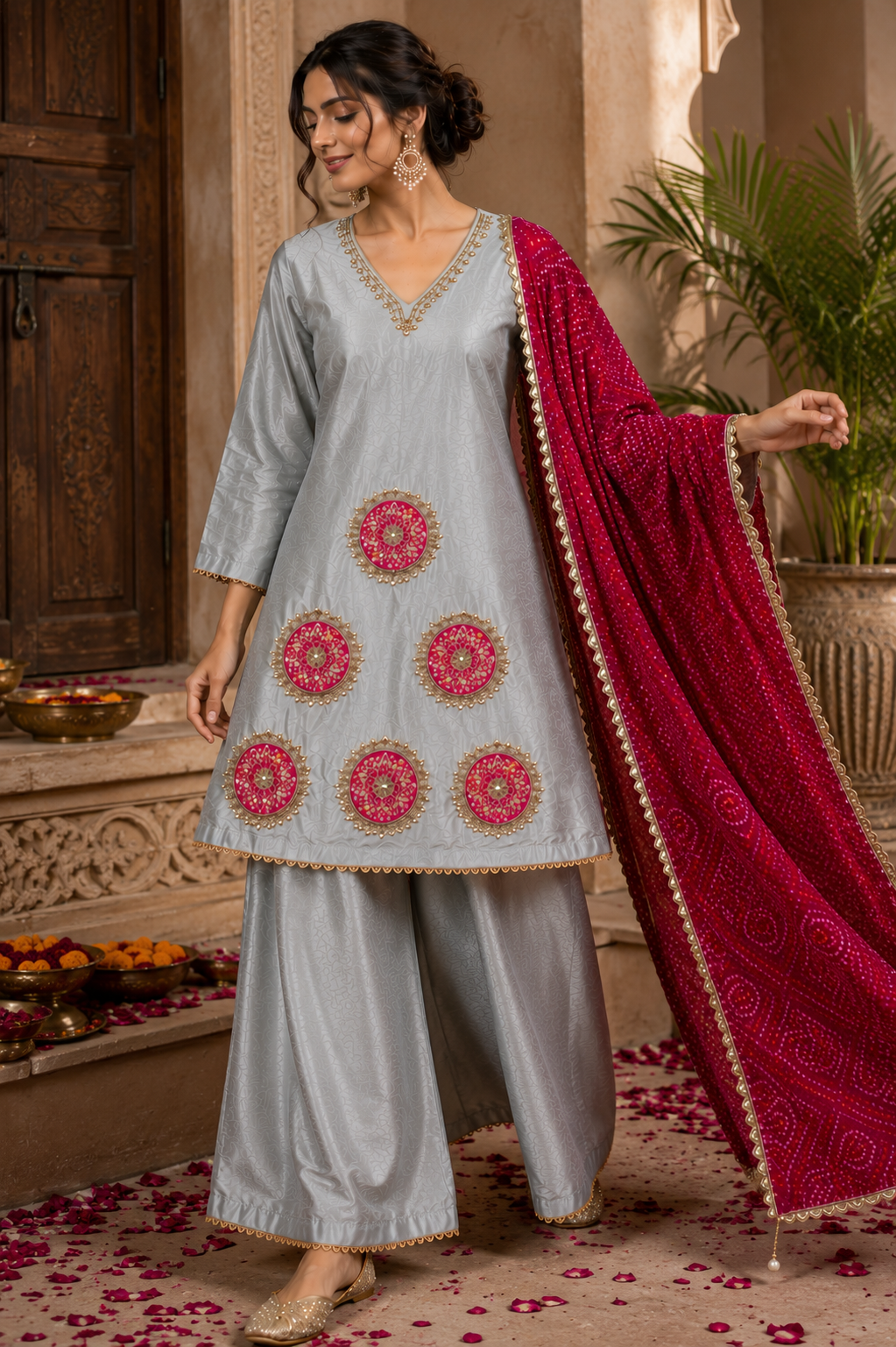 Grey Opara Silk Suit Set with Patch Work, Gotta Patti & Pure Chinon Dupatta