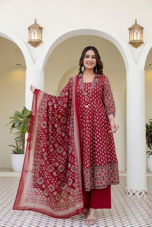 Cotton Printed Anarkali Suit with Collar Neck