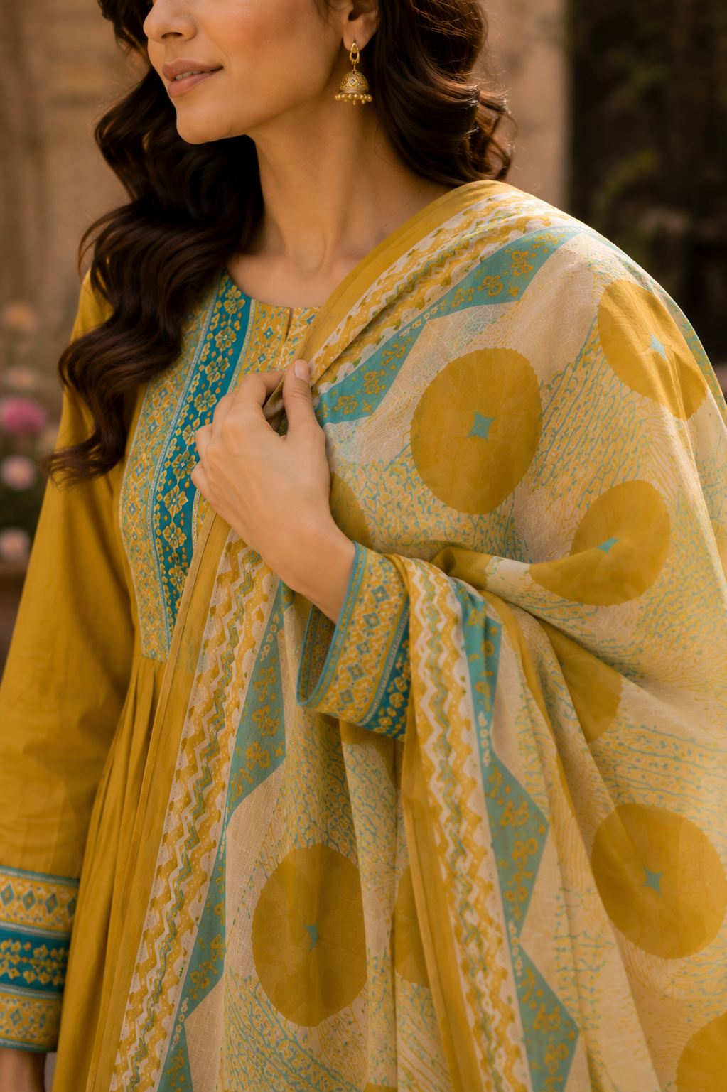 Cotton Anarkali Suit Set with Light Detailing