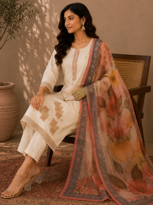 Cotton Handwork Suit Set with Pearl & Thread Work