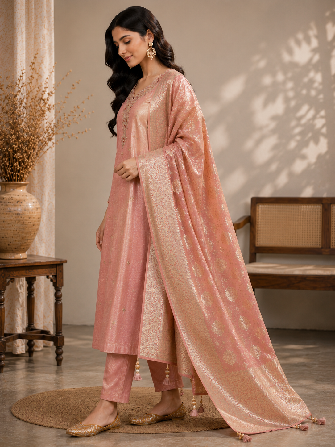 Blush Pink Tissue Suit Set with Handwork & Banarasi Dupatta