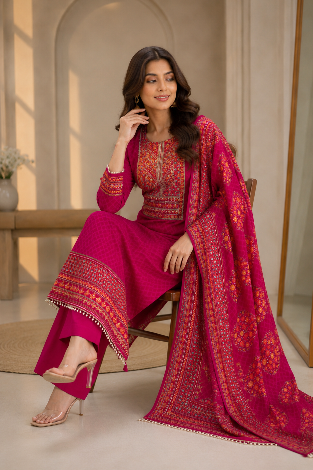 Premium Silk Suit Set with Zari & Mirror Work