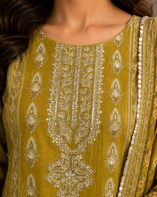 Crust Tissue Suit Set with Thread & Mirror Work Print