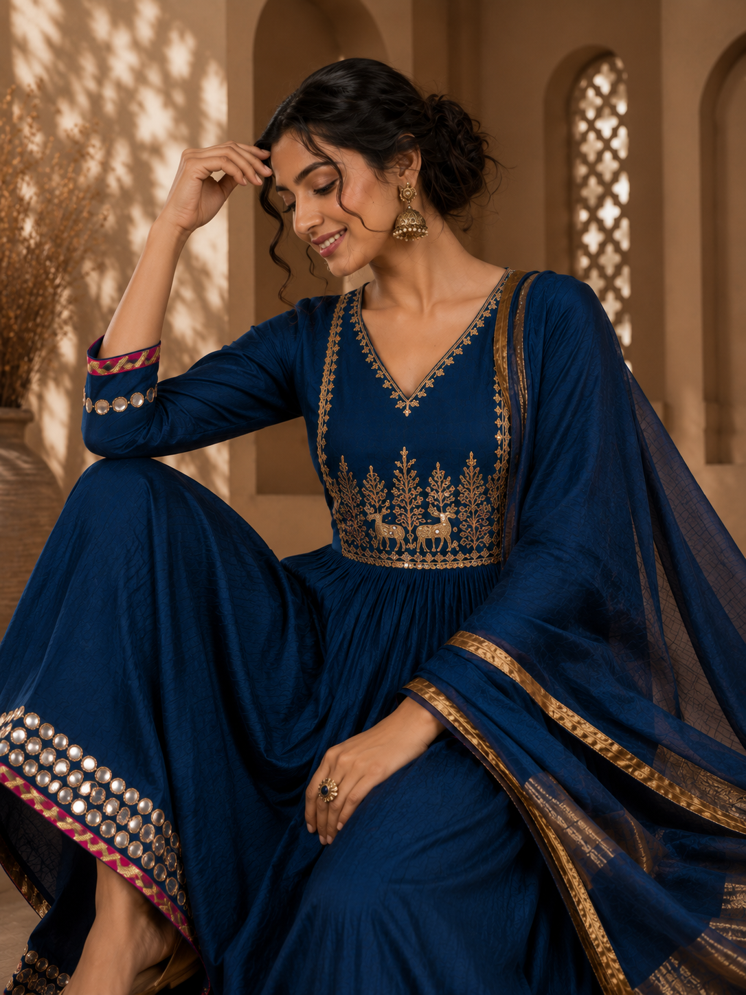 Navy Blue Raw Silk Gathered Anarkali Suit Set with Handwork & Zari Dupatta