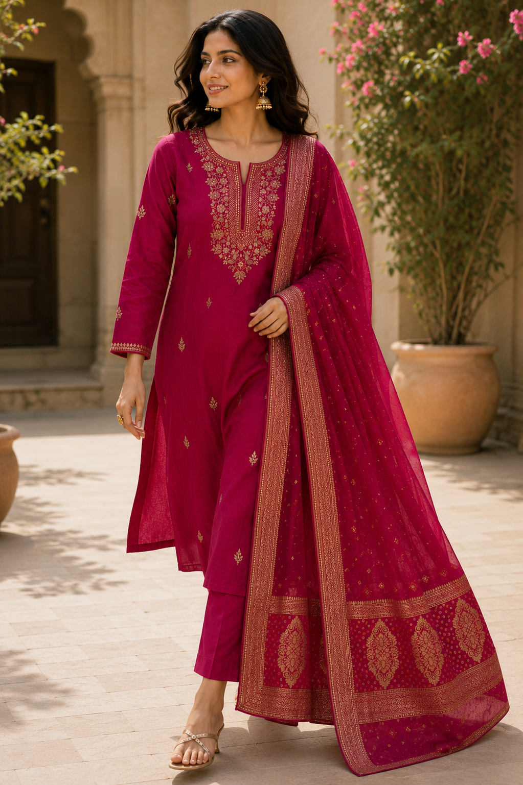 Magenta Silk Suit Set with Banarasi Silk Dupatta