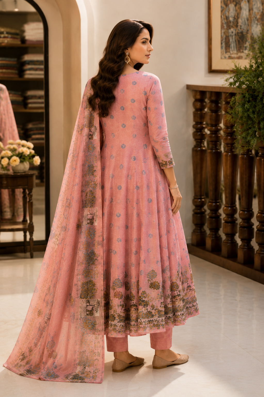 Linen Anarkali Suit with Katha Knot Work
