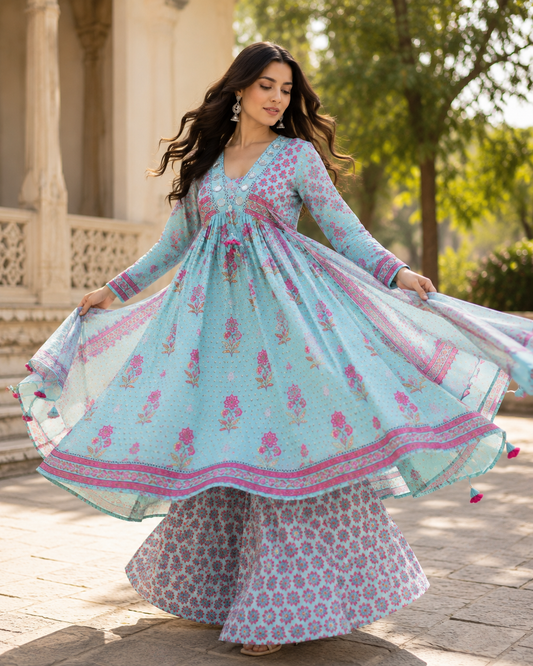 Cotton Printed Anarkali Suit Set with Lace Details