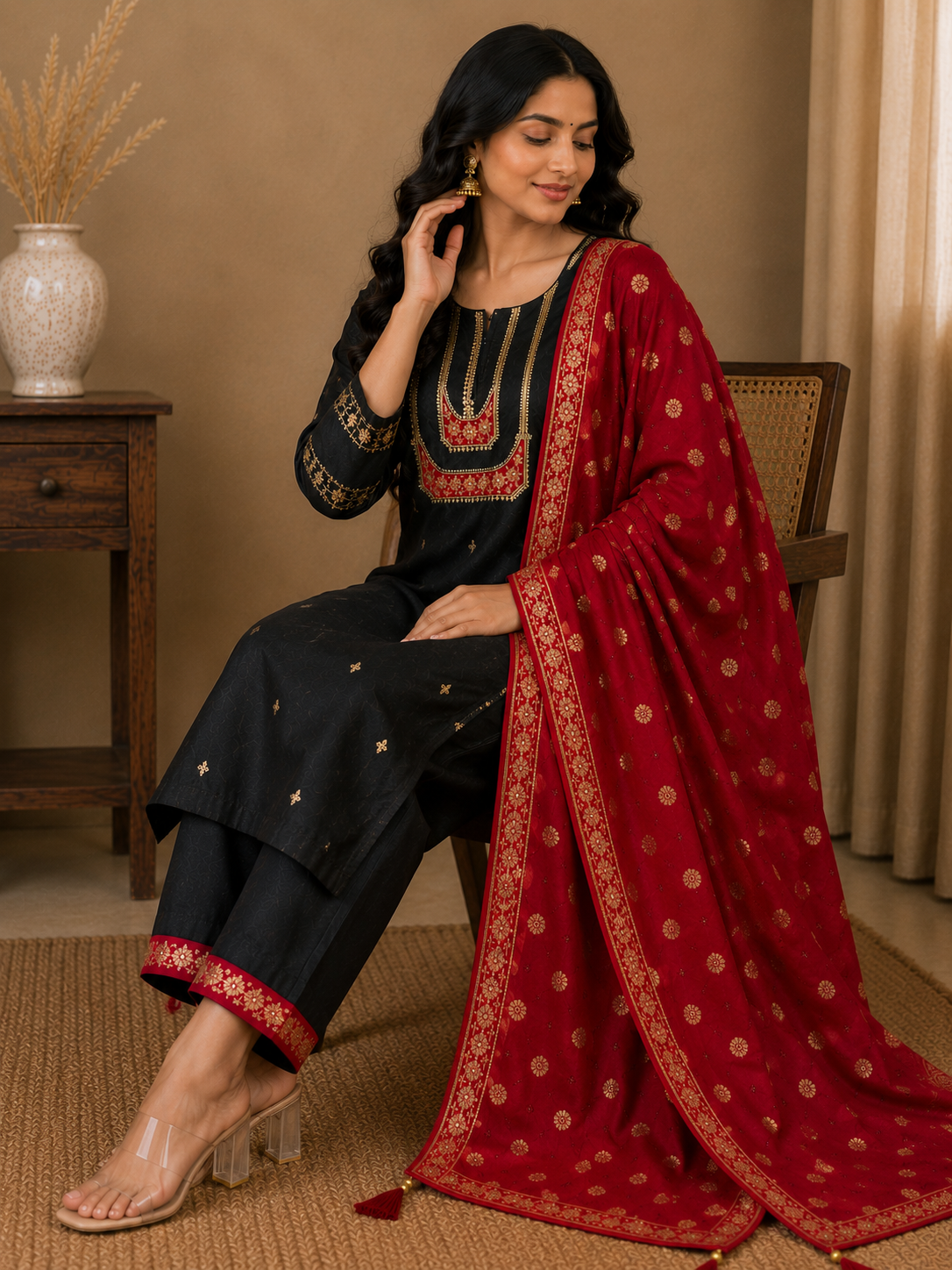 RAW SILK HANDWORK SUIT SET WITH BANARASI DUPATTA