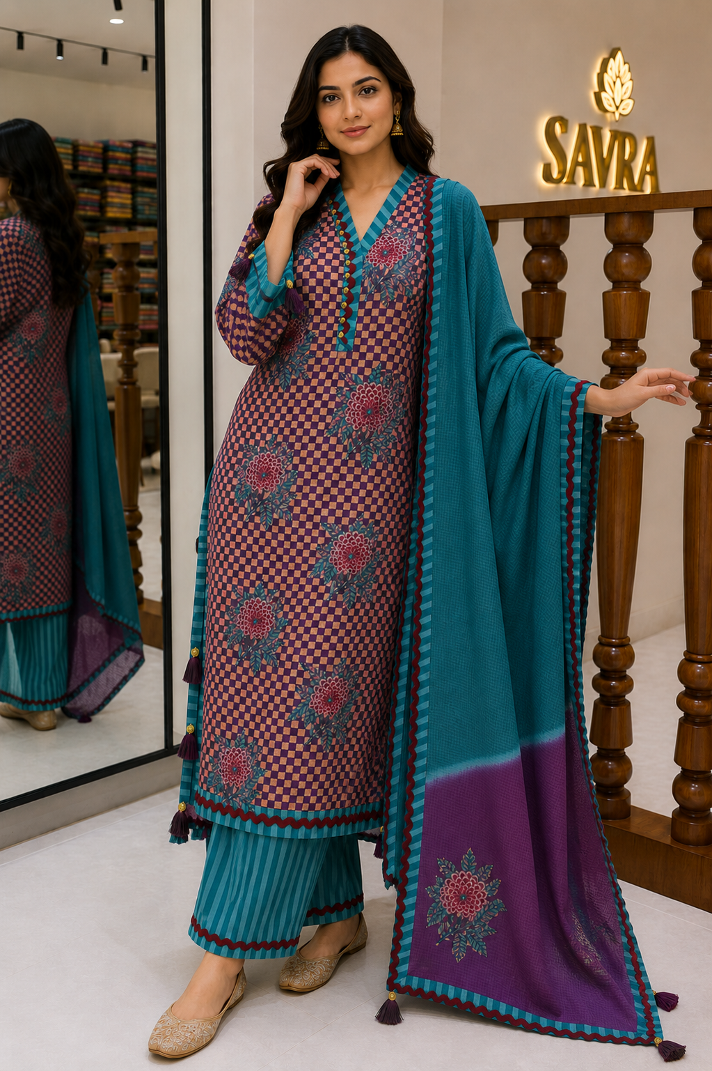 Abstract Print Suit Set with Lace & Appliqué Detailing