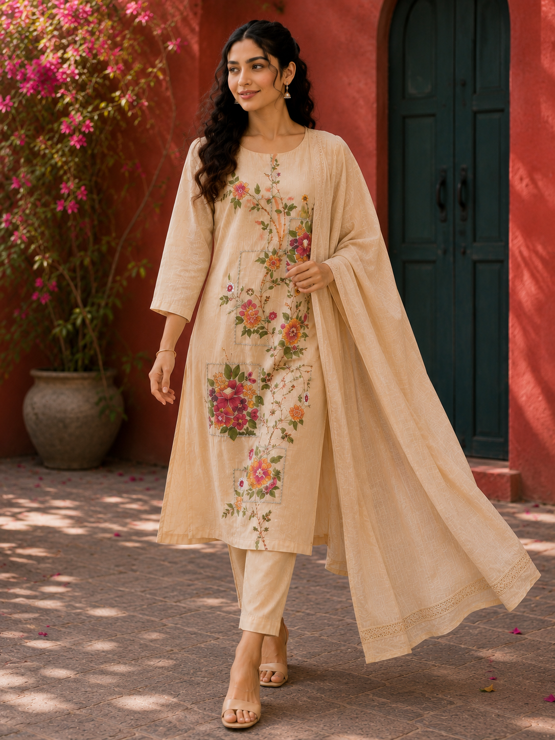 Mul Chanderi Suit with Katha Work & Hand Paint Detailing