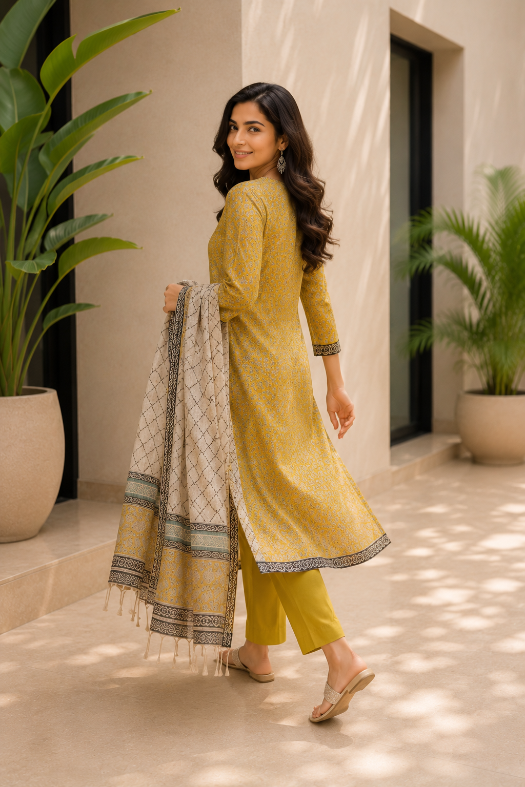 Handloom Kota Doria Hand Block Printed Yellow Suit