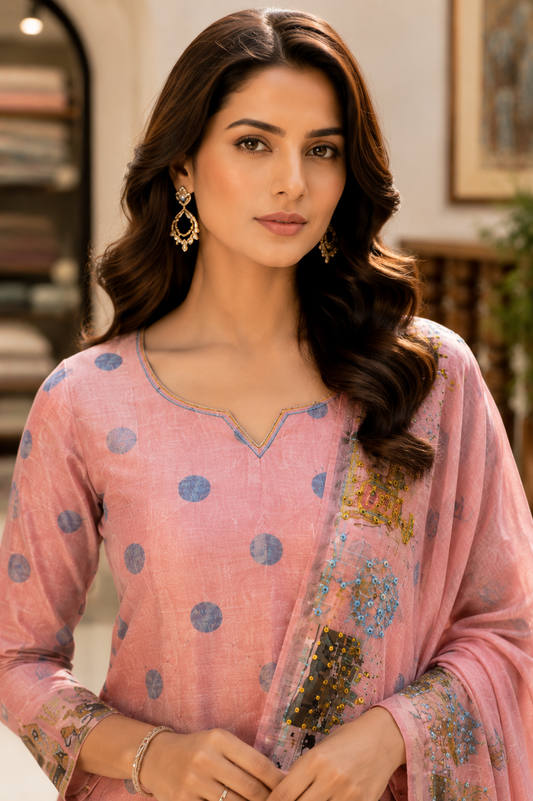 Linen Anarkali Suit with Katha Knot Work