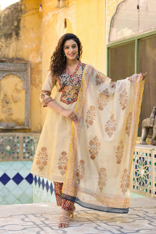 Chanderi Suit with Organic Kalamkari & Hand Block Print