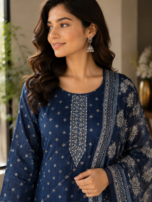 Tussar Silk Suit Set with Kantha Work Detailing