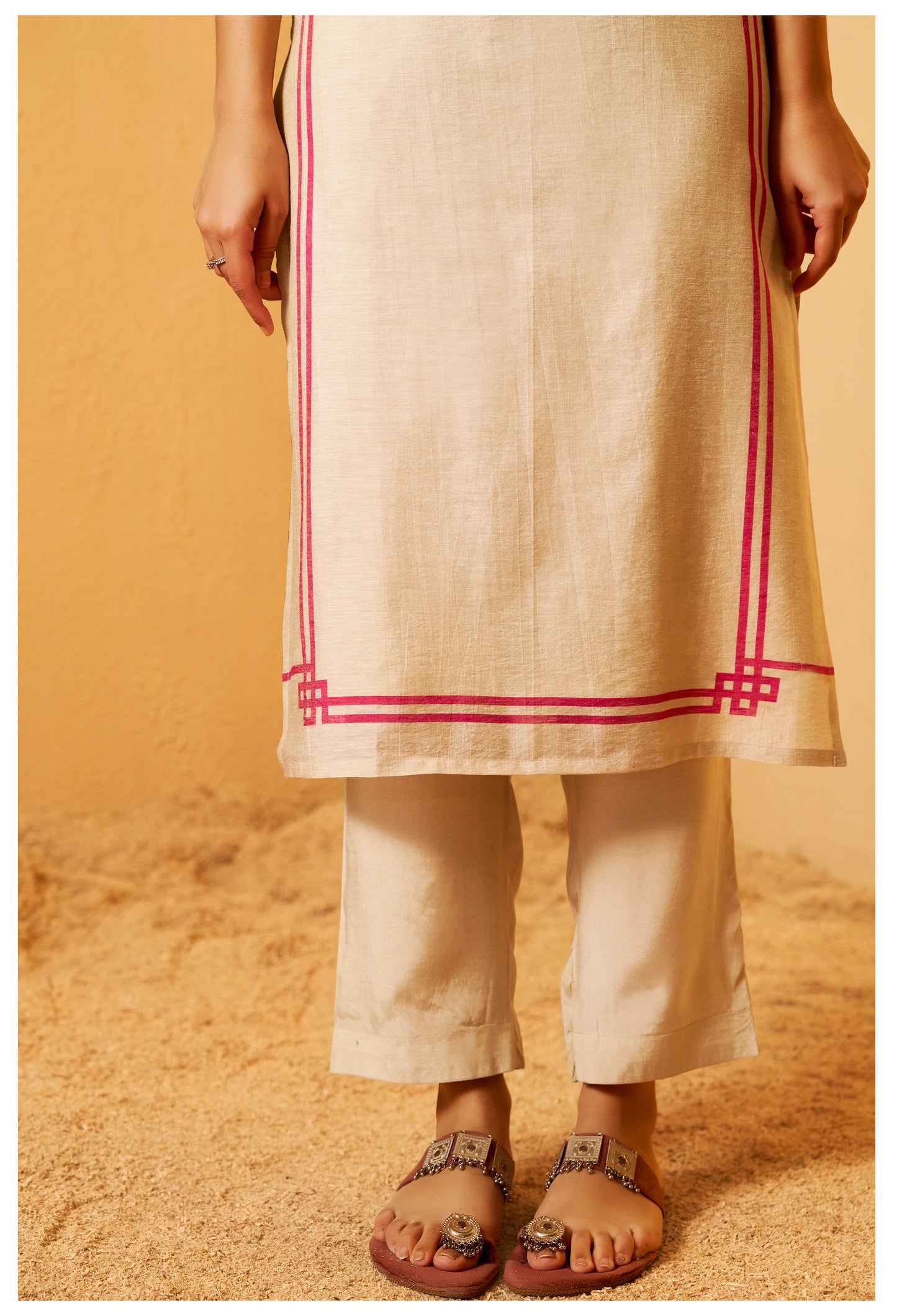 Digital Print Moti Work Beige Shimmer Linen Suit
