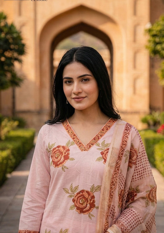 Hand Block Printed Suit with Kota Doria Dupatta