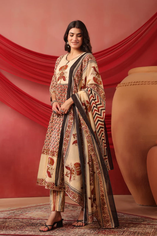 Cotton Anarkali Suit with Ajrakh Print