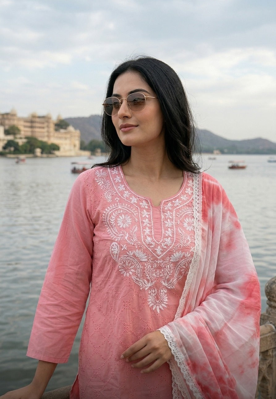 Schiffli Cotton Suit Set with Hand Embroidery & Mul Dupatta