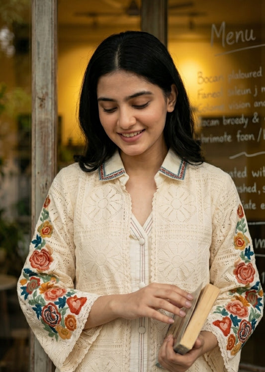 Linen Co-ord Set with Crochet Jacket Style Top