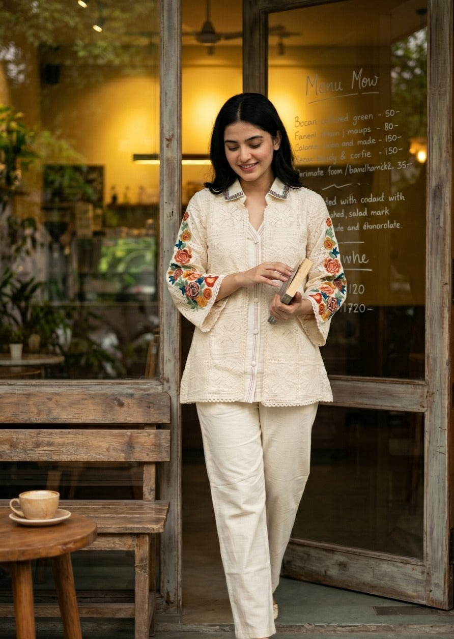 Linen Co-ord Set with Crochet Jacket Style Top