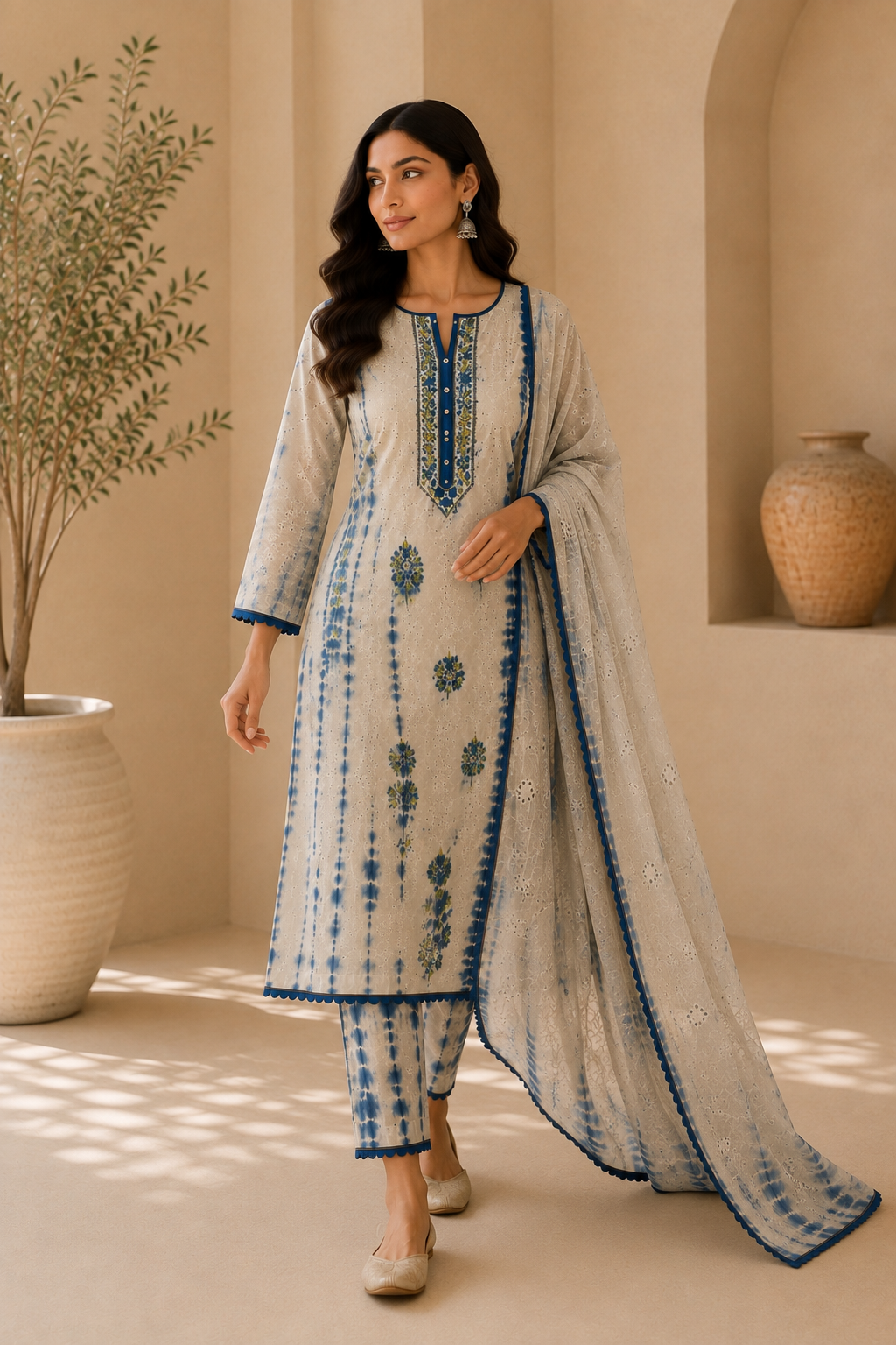 Elegant Cotton Chikankari Unstitched Suit with Tie & Dye Dupatta