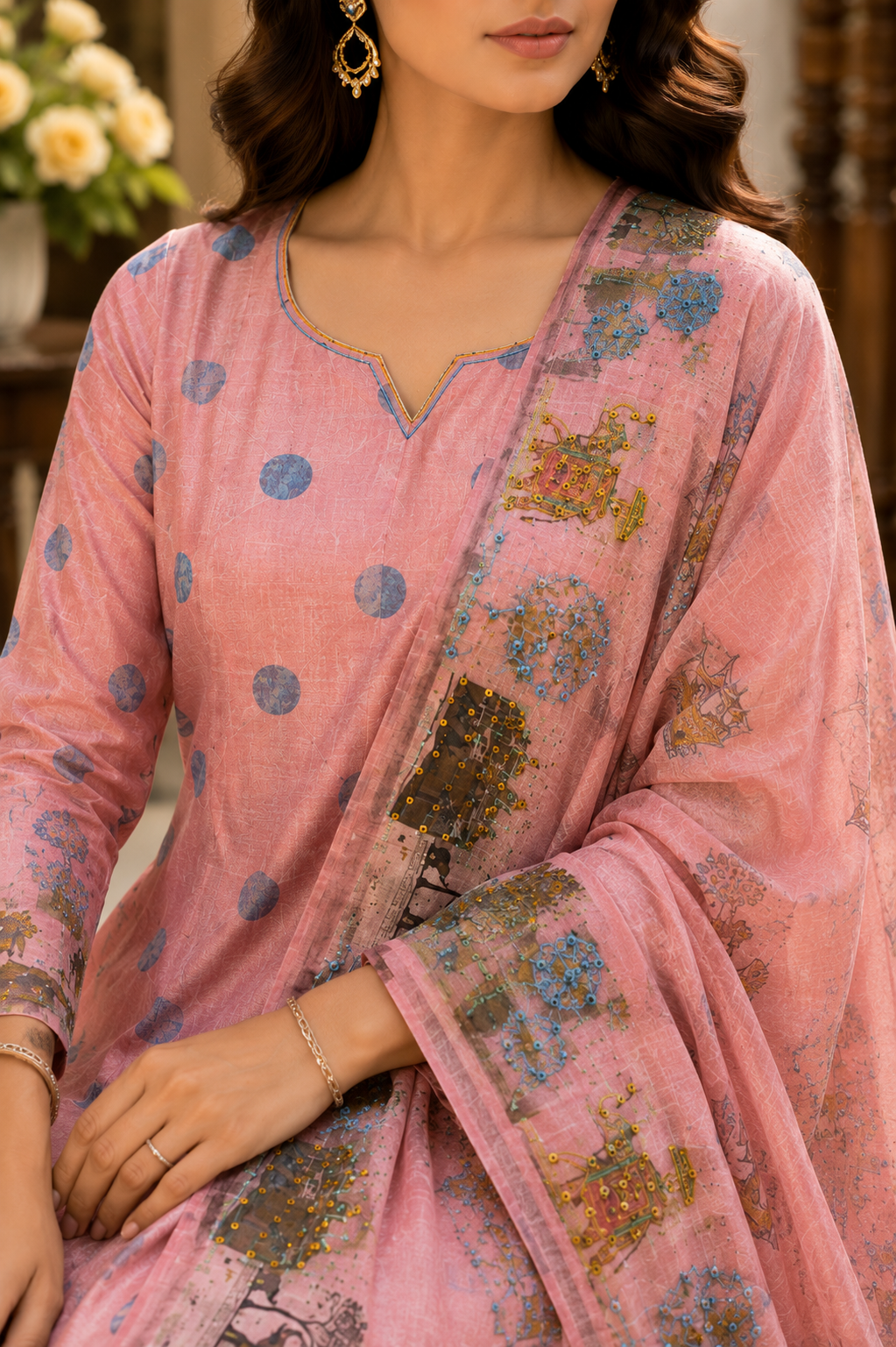 Linen Anarkali Suit with Katha Knot Work