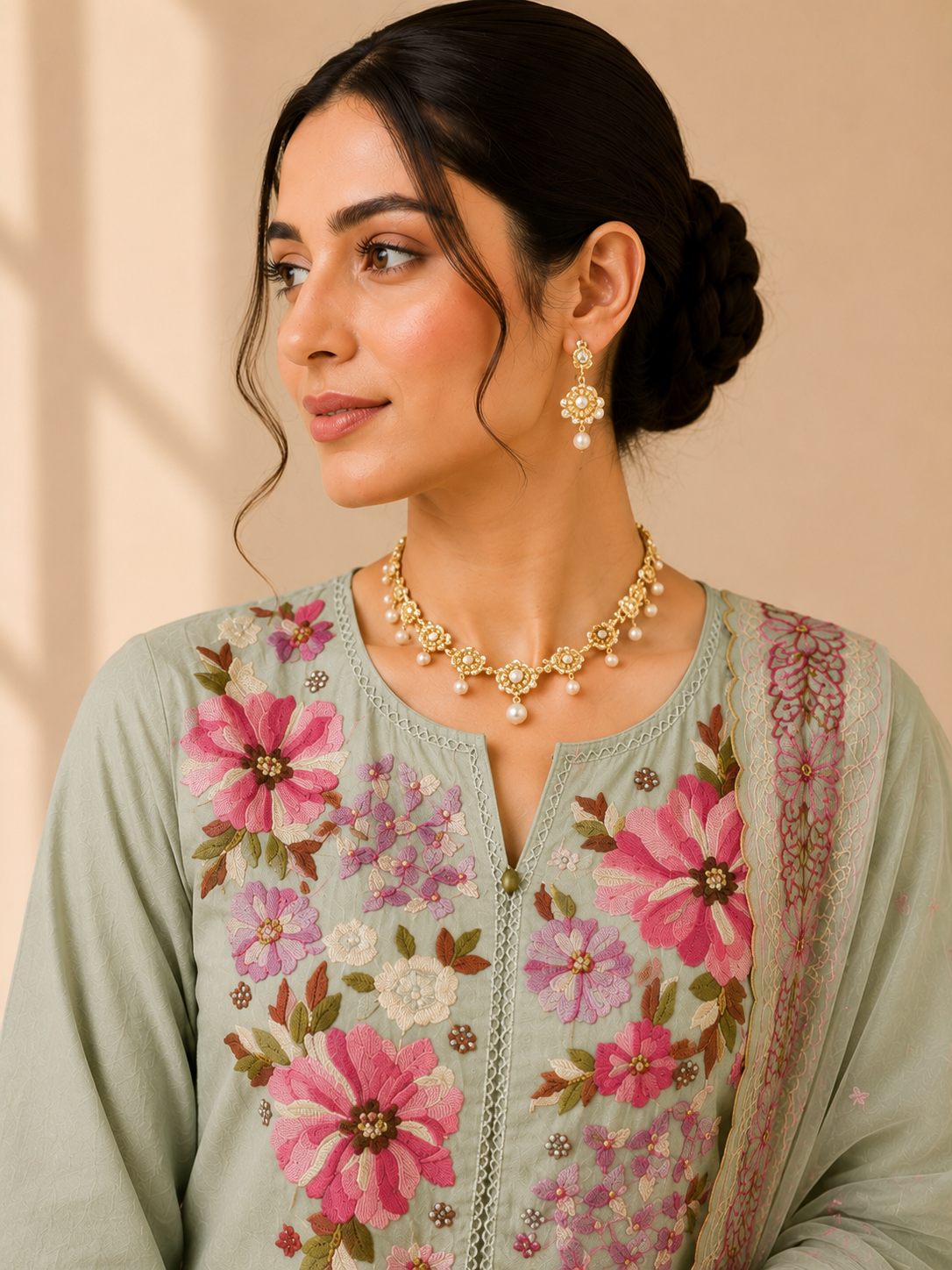 Mul Chanderi Suit Set with Embroidery Detailing