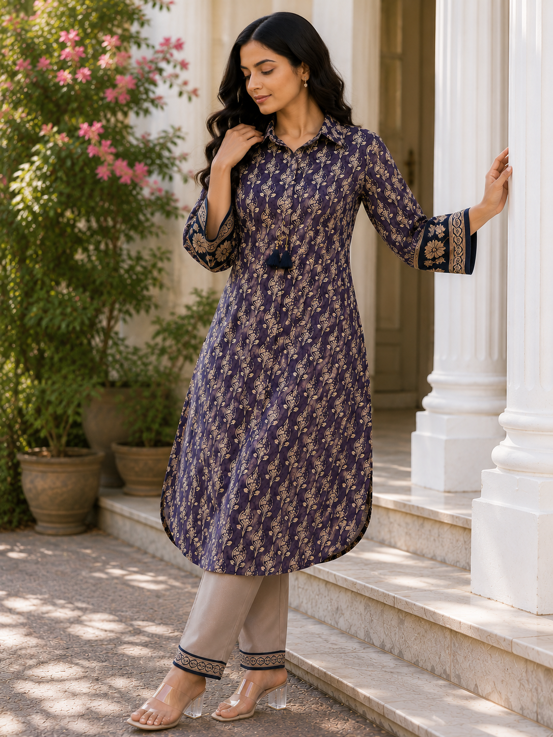Mul Chanderi Printed Kurta Pant Set with Thread Work