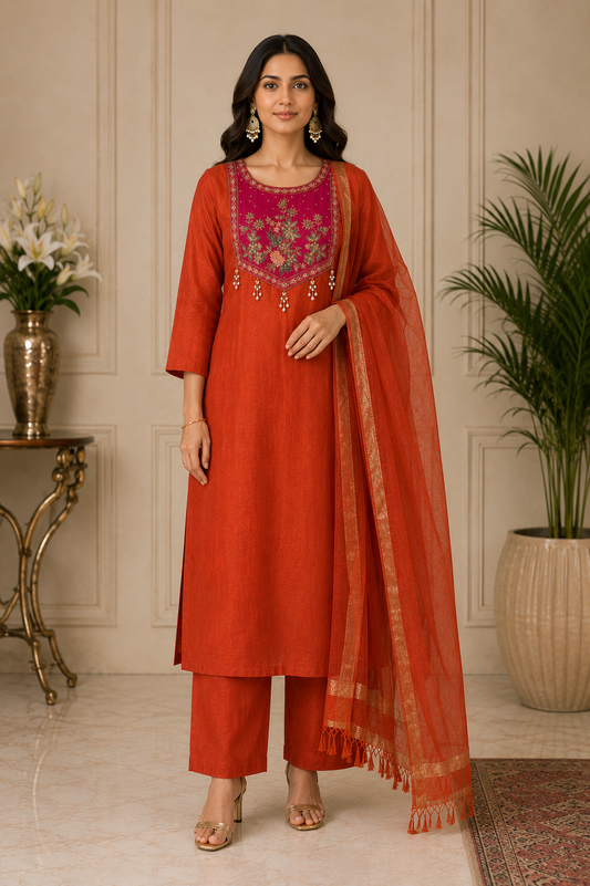 Premium Mul Chanderi Suit Set with Zardozi & Thread Handwork