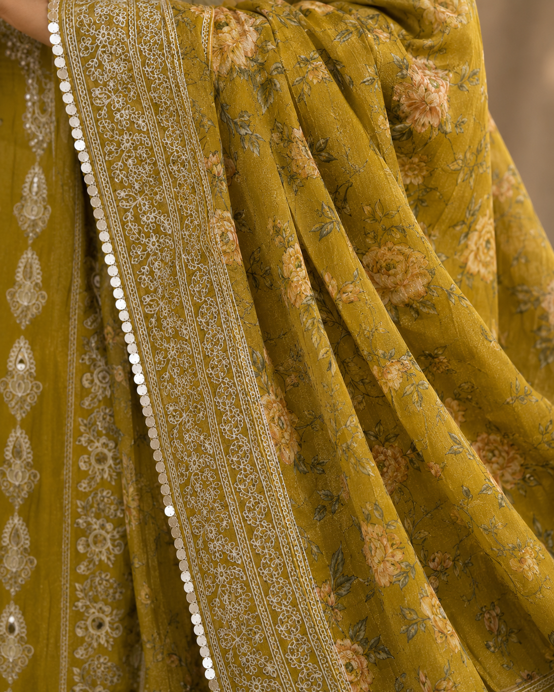 Crust Tissue Suit Set with Thread & Mirror Work Print