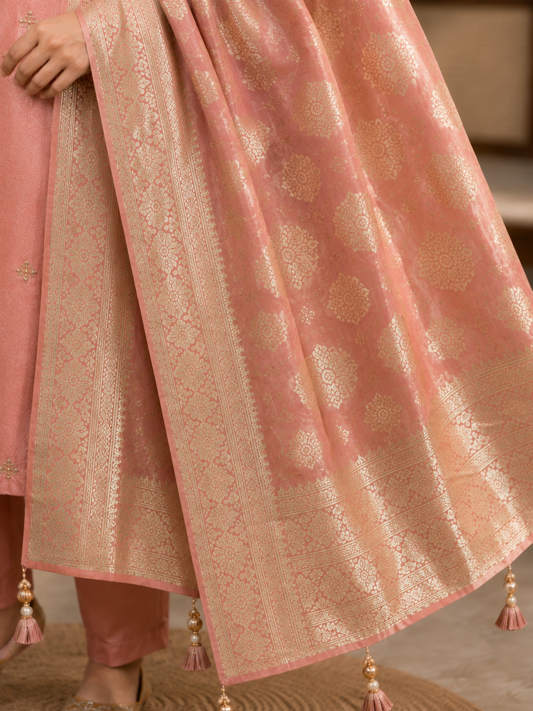 Blush Pink Tissue Suit Set with Handwork & Banarasi Dupatta