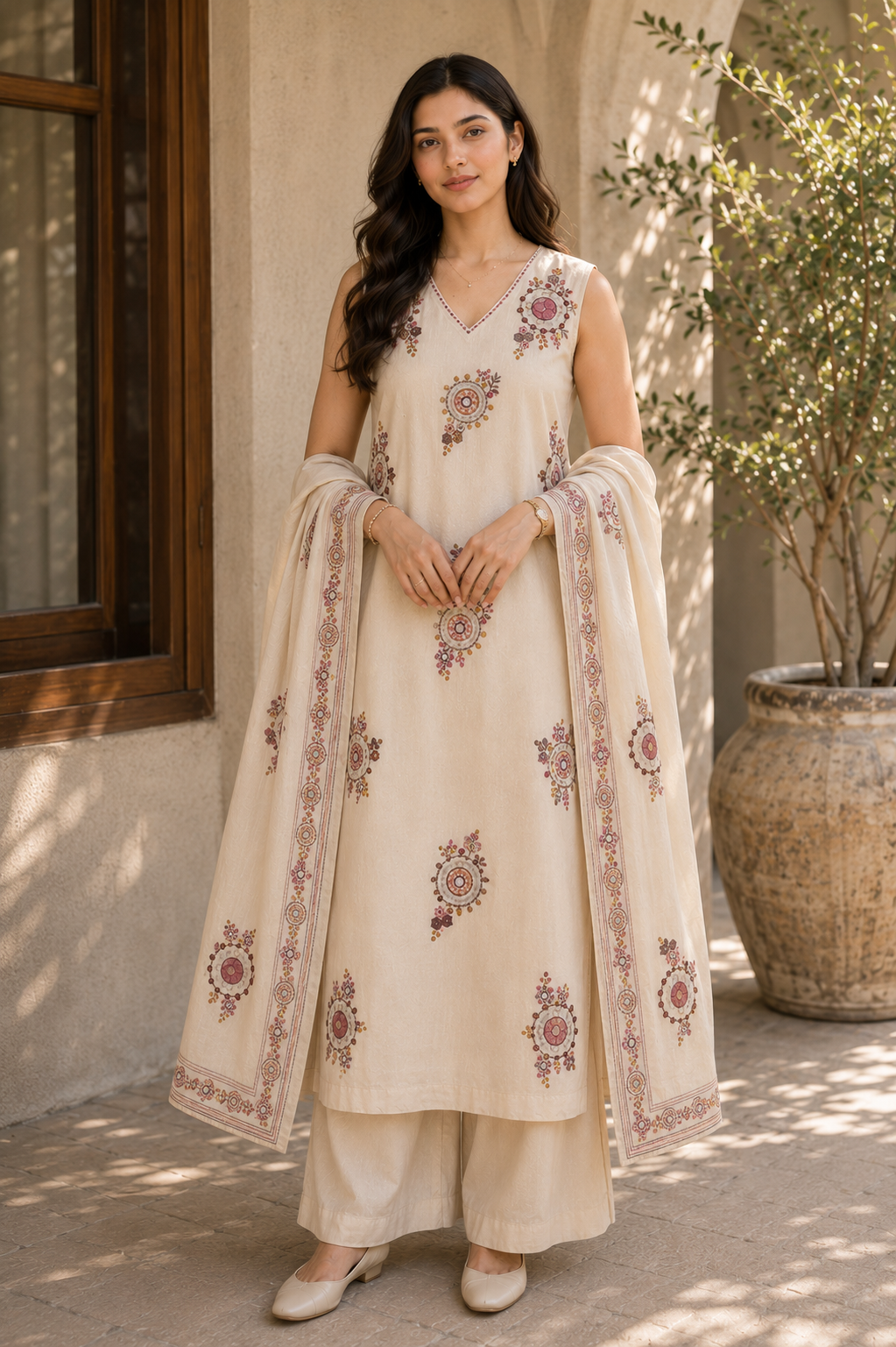 Linen Cotton Suit Set with Embroidered Detailing