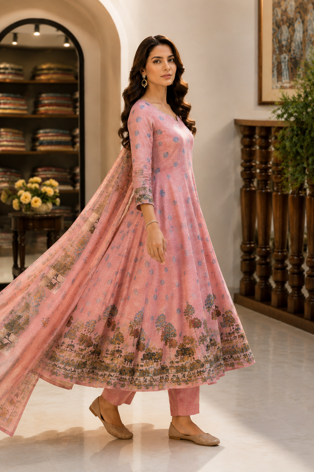 Linen Anarkali Suit with Katha Knot Work
