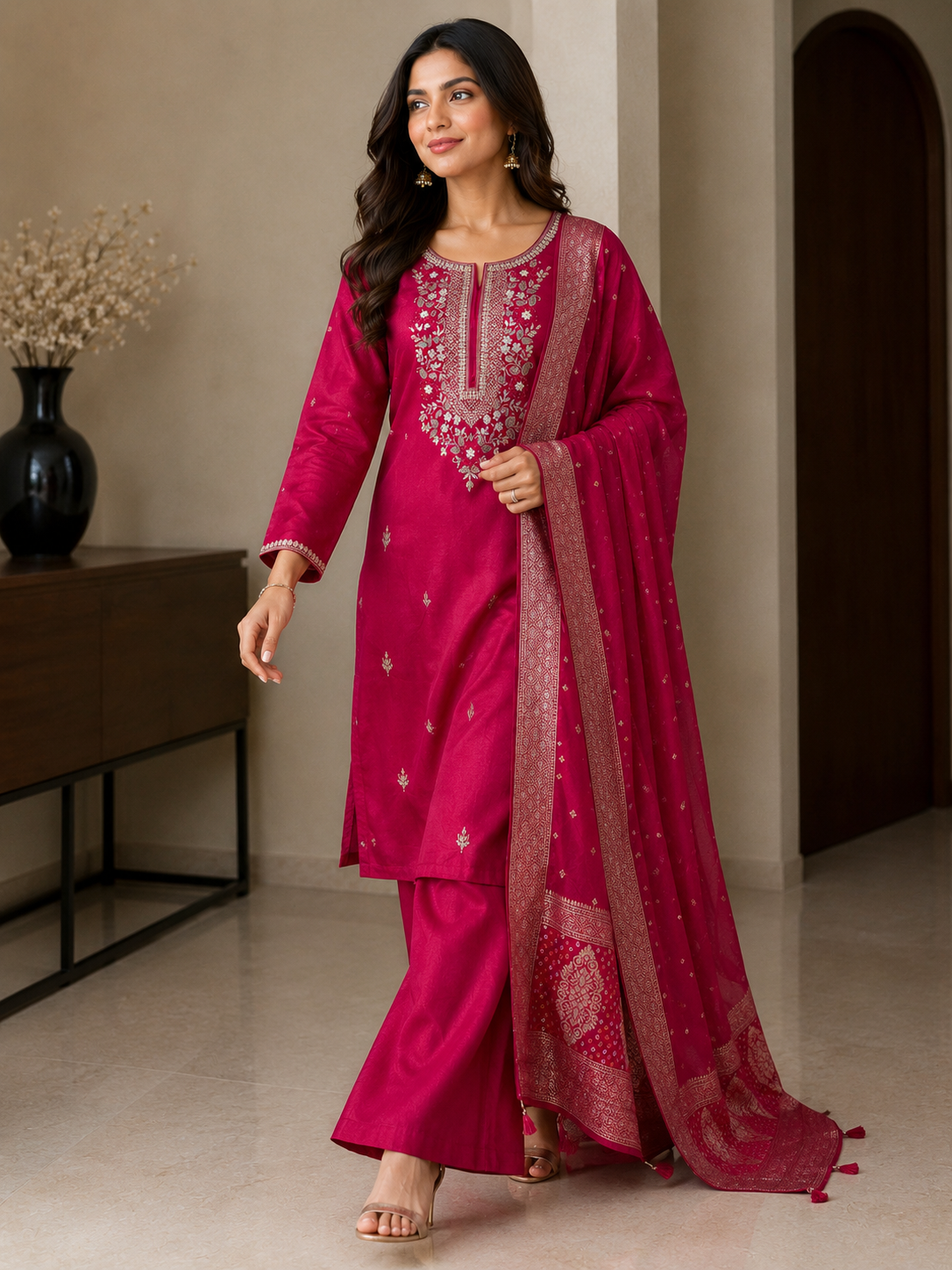 Raw Silk Suit Set with Handwork & Banarasi Dupatta