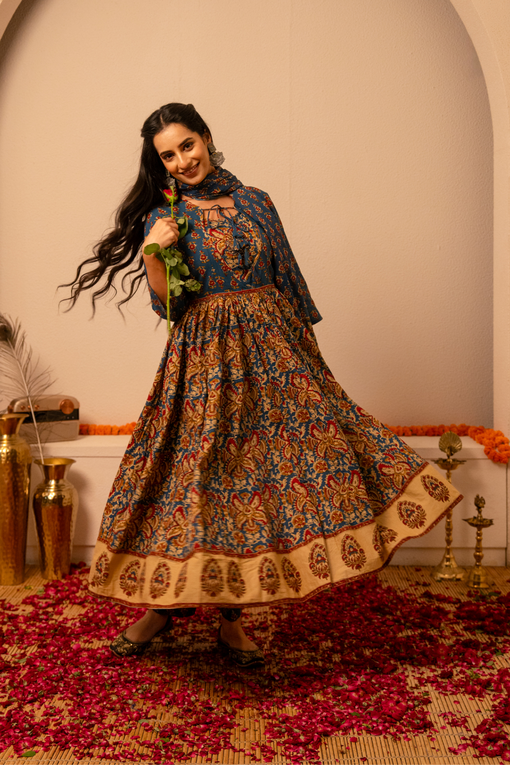 Indigo Handblock Printed Anarkali Cotton Suit Set