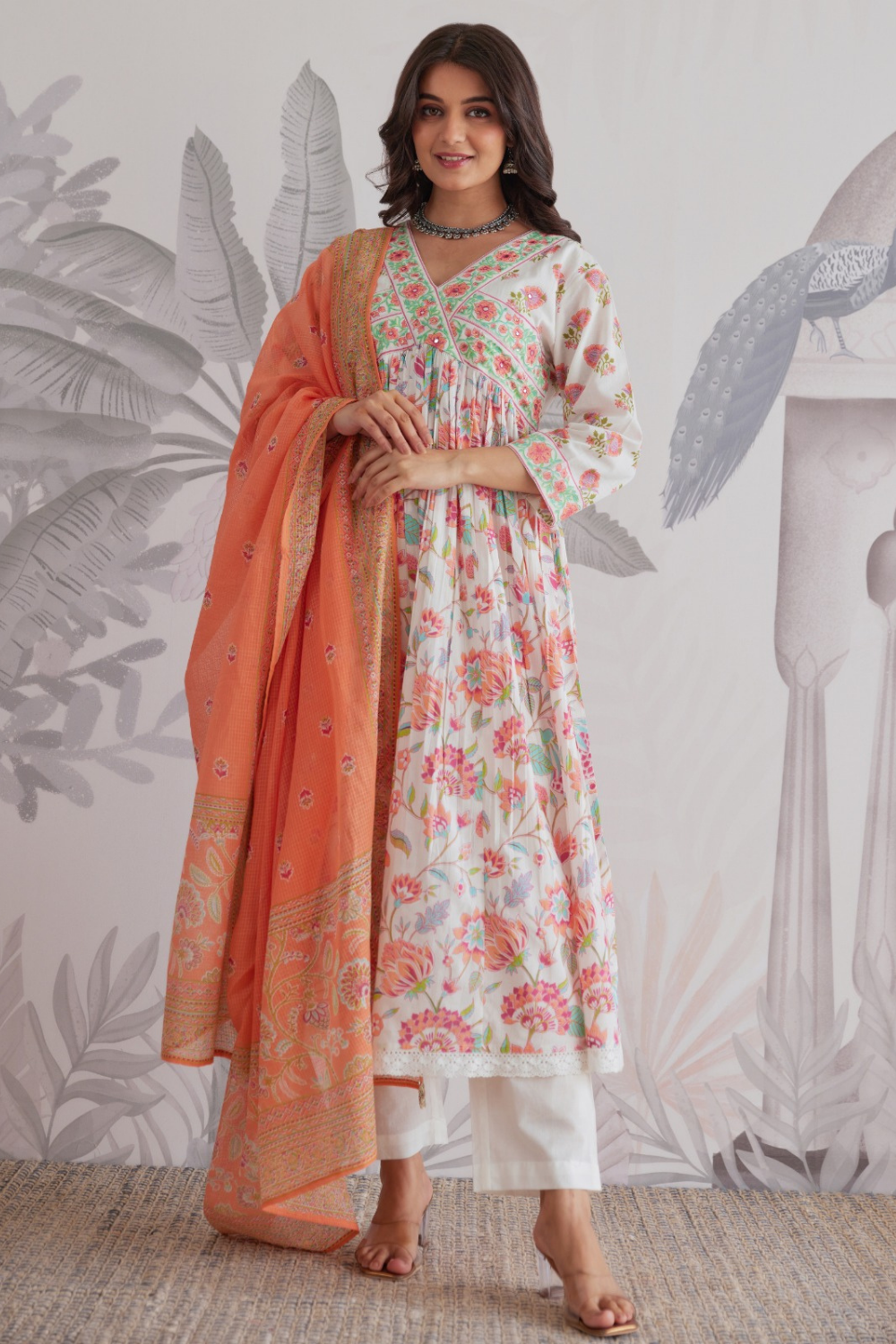 Hand Block Printed Anarkali with Pure Kota Doria Dupatta