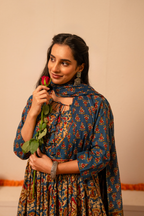 Indigo Handblock Printed Anarkali Cotton Suit Set