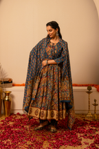 Indigo Handblock Printed Anarkali Cotton Suit Set