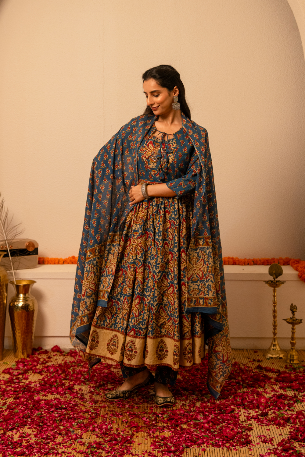 Indigo Handblock Printed Anarkali Cotton Suit Set