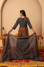 Indigo Handblock Printed Anarkali Cotton Suit Set