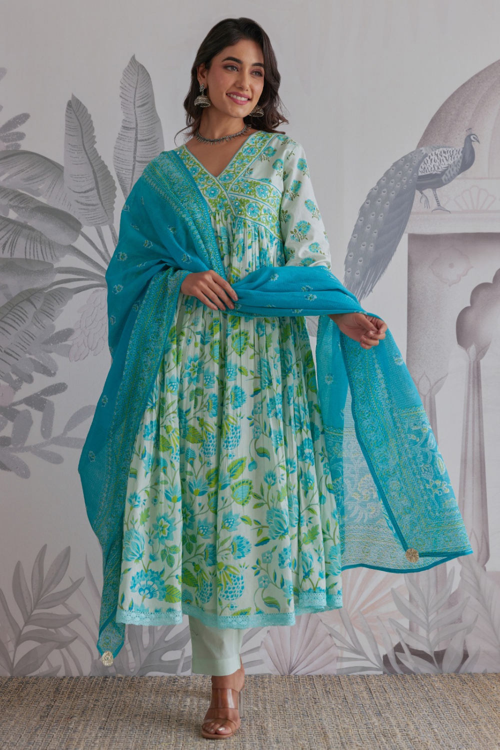 Hand Block Printed Anarkali with Pure Kota Doria Dupatta